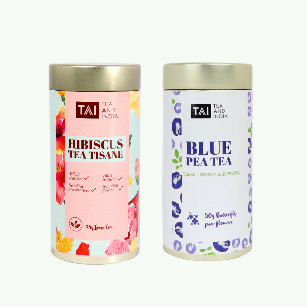 hibiscus tea tisane, blue pea tea, blue tea, green tea, herbal tea, tea and india, teaandindia 